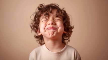 Portrait of a child is making expression on face and smiling , laughing . Single bright color background .