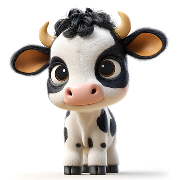 Cute cartoon cow illustration on a white background. Farm animal character design concept. Design for sticker, flat logo of funny baby cow with big eyes lovely little animal 3d rendering cartoon