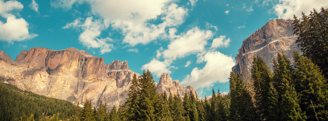 Mountain landscape background. View of Piz Boe and Sella Towers from Lupo Bianco. The Dolomites in...