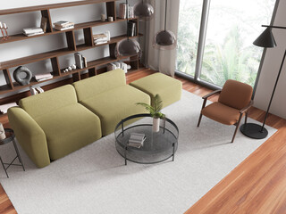 Top view of living room interior with couch and armchair, shelf and window
