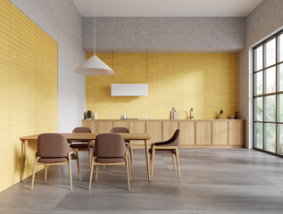 Stylish home kitchen interior with cooking and eating space, panoramic window