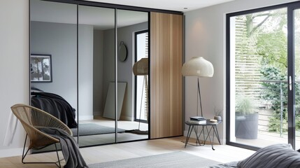 Modern Bedroom Oasis with Mirrored Wardrobe and Relaxing Reading Corner AI Generated.