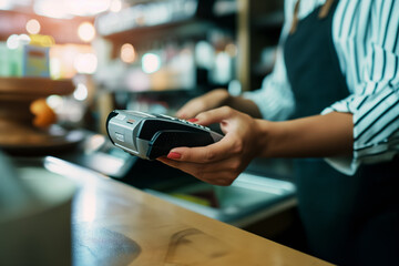 A vendor at a trendy cafe using a contactless payment device to accept payment from a customer - obrazy, fototapety, plakaty