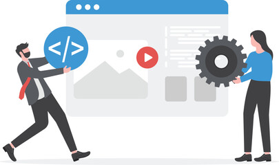 Team of Web Developer Builds Social Media Landing Page Illustration, Web Design and Development Teamwork Vector
