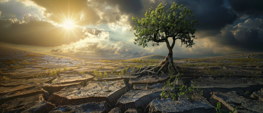 Lone tree with exposed roots on dry cracked earth under dramatic sky. Resilience and environmental impact concept for design and print
