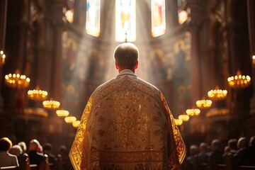 Backlit by divine rays through cathedral windows, a priest in golden vestments stands before the congregation, embodying the sacred aura of the service.