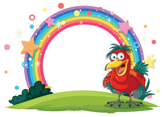 A cheerful bird under a vibrant rainbow arch.