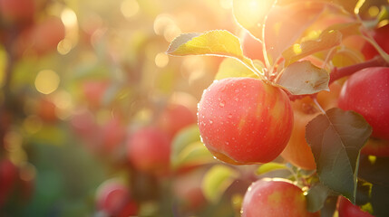 Fruit farm with apple trees. Branch with natural apples on blurred background of apple orchard in golden hour., generative ai