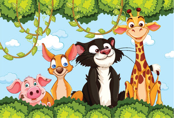 Naklejka premium Cartoon animals smiling together in a green forest