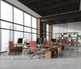 Modern office interior with coworking and meeting room, panoramic window