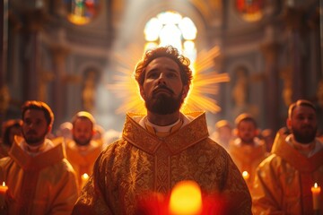 A priest enveloped in golden sunlight within a grand cathedral, his ornate robe detailed against the backdrop of glowing candles and stained glass.