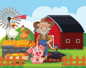 Cartoon farmer with animals in front of barn