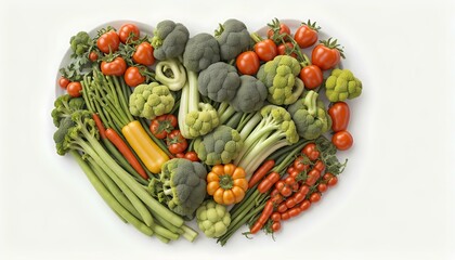 Heart made of fresh vegetables on white background. Healthy food concept.
