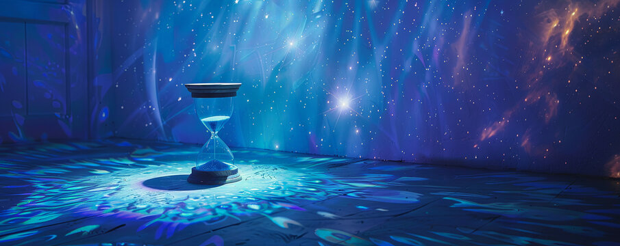 A lamp casting shadows over a space themed hourglass symbolizing the eternal dance between light time and the cosmos