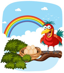 Colorful bird beside nest with eggs, rainbow background