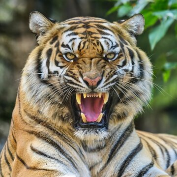 Angry tiger in a wildlife zoo - one of the biggest carnivore in nature.
