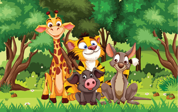 Cartoon animals smiling together in a green forest © brgfx