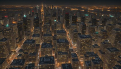 Aerial view of New York City at night with illuminated skyscrapers