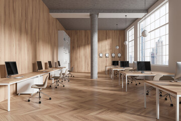 Office workplace interior with table and pc monitors, panoramic window
