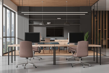 Modern office interior with coworking and meeting room, panoramic window