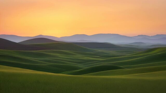 Lush green rolling hills illuminated by the sunset and the tranquil sky
