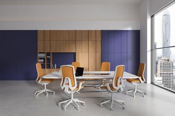 Modern office meeting interior with table and chairs, shelf and panoramic window