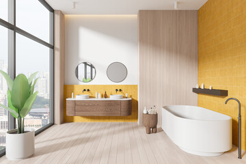Colored home bathroom interior with tub, toilet and sink near panoramic window