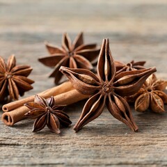 Anise stars and cinnamon stick on wooden board