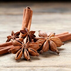 Anise stars and cinnamon stick on wooden board