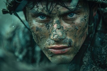 A close-up of a soldier's face, helmeted and covered in mud and water, reflects determination and resilience amid challenging conditions.