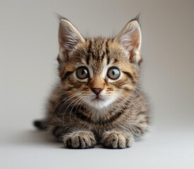 face photo of baby cat facing towards the camera with smiling eyes on a white background, waggy tail