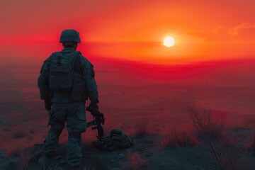 The silhouette of a soldier against the dawn horizon symbolizes the quiet strength and readiness as they face the challenges of a new day.