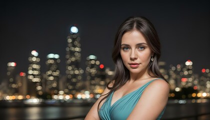Beautiful young woman in a long blue dress against the background of the night city