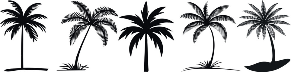palm tree silhouette collection, tropical beach vibe, elegant design, white background, ideal for wallpapers, tropical themes