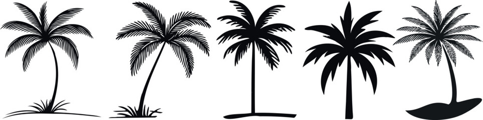 Black palm tree silhouettes, tropical vacation concept, white background. Ideal for travel, summer, beach, nature, exotic, relaxation, scenery, landscape, destination