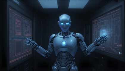 Fototapeta na wymiar Cyborg in the server room. 3D rendering. Virtual reality.