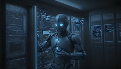Fototapeta na wymiar Cyborg in the server room. 3D rendering. Virtual reality.