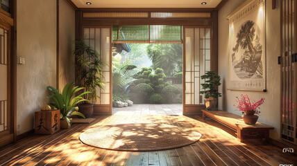 An Asian-inspired entrance hallway with bamboo flooring and Zen garden features, creating a serene...