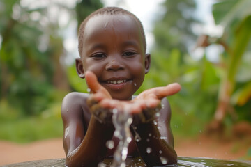 African Children having fun with water from a recently installed water well, Generative Ai. - obrazy, fototapety, plakaty