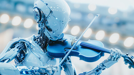 Robot androïde jouant du violon - obrazy, fototapety, plakaty