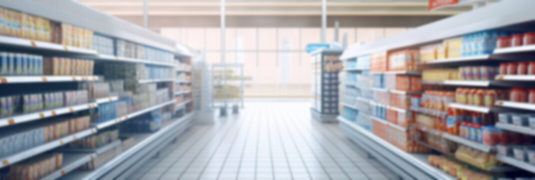 supermarket grocery store interior aisle with products abstract blurred background