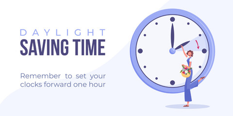 Daylight saving time begins concept. Spring forward web banner, poster. Vector illustration with brunette woman turning clock hour ahead, woman with flowers in bag. - obrazy, fototapety, plakaty