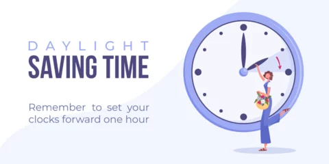 Deurstickers Daylight saving time begins concept. Spring forward web banner, poster. Vector illustration with brunette woman turning clock hour ahead, woman with flowers in bag. © MURAVAdesign