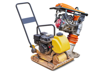 A small soil compactor machine, ready for use. The machine is compact and designed for soil compaction purposes. Isolated