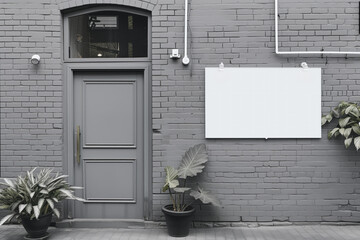 A chic city doorway flanked by plants and a blank white billboard.