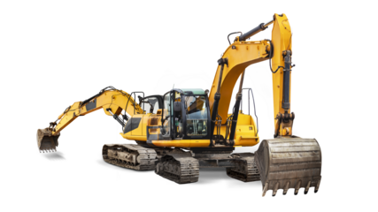 A yellow excavator is parked on a white surface, ready for construction or excavation work. The powerful equipment stands out against the clean backdrop. Isolated