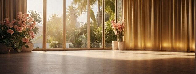Abstract gold color gradient studio background for product presentation. Empty room with shadows of window and flowers and palm leaves. 3D room with copy space. Summer concert. Blurred backdrop.  - obrazy, fototapety, plakaty