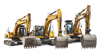 A lineup of powerful construction excavators and other equipment lined up next to each other at a...