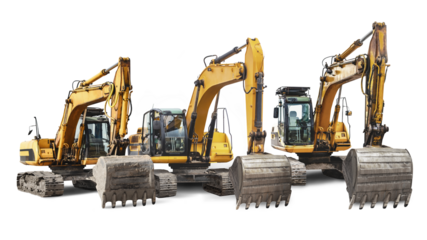 A lineup of powerful construction excavators and other equipment lined up next to each other at a construction site. Isolated