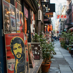 Vintage posters of indie bands adorn the streets of a pop up shop district